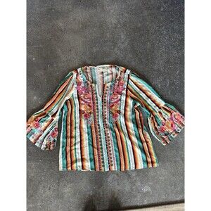 Savanna Jane Multicolor Stripe Floral Embroidered  Pop Over Top NWT Large